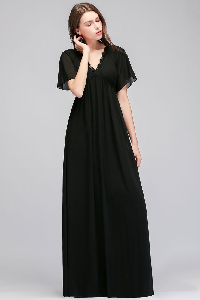 Robe de demoiselle d'honneur longue en mousseline noire, coupe trapèze, col en V, manches courtes, col en V.