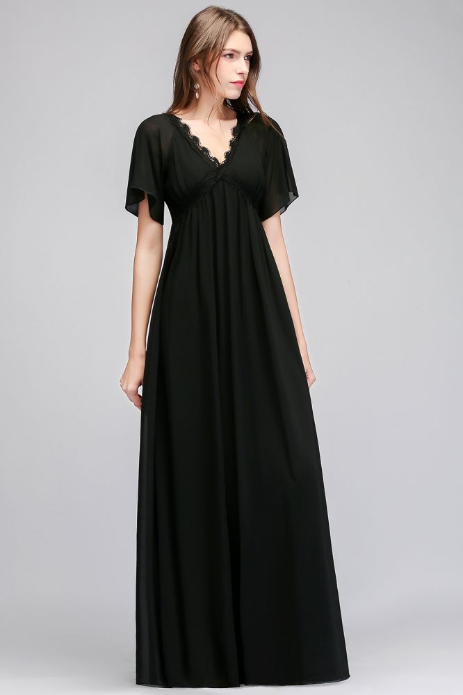 Robe de demoiselle d'honneur longue en mousseline noire, coupe trapèze, col en V, manches courtes, col en V.