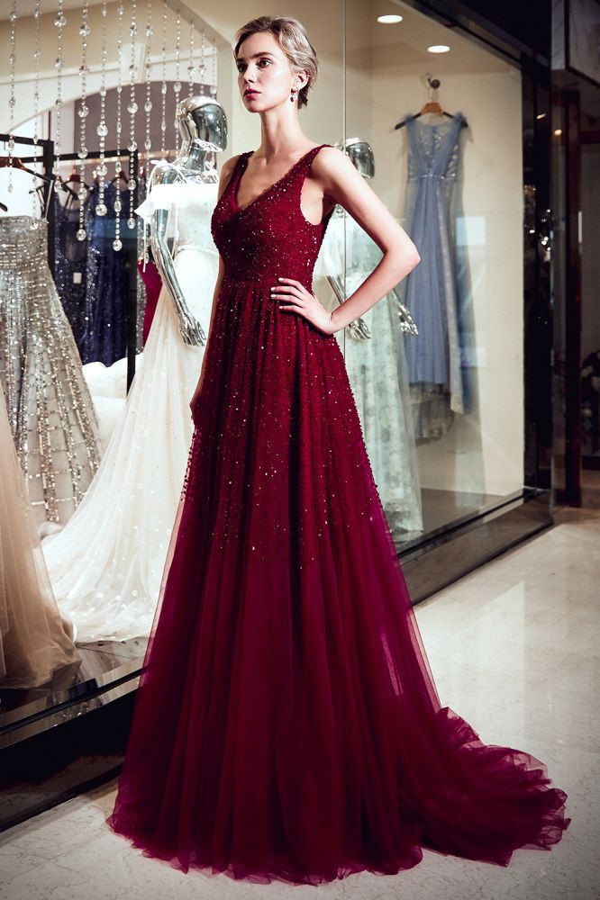 Vestido de noche de tul burdeos con lentejuelas, sin mangas, escote en V y corte en A