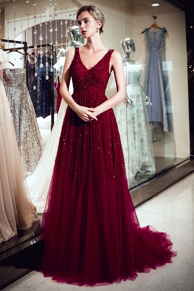 Vestido de noche de tul burdeos con lentejuelas, sin mangas, escote en V y corte en A