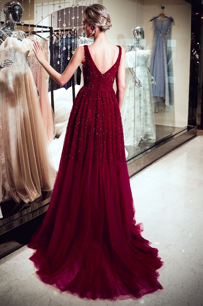 Vestido de noche de tul burdeos con lentejuelas, sin mangas, escote en V y corte en A