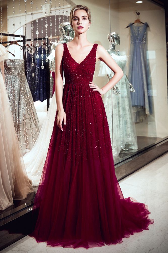 Vestido de noche de tul burdeos con lentejuelas, sin mangas, escote en V y corte en A