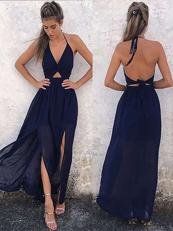 Vestidos de graduación de gasa fruncida, sin mangas, con escote en V y corte en A, hasta el suelo.