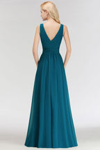 Vestido de dama de honor de gasa con volantes, sin mangas, escote en V y corte en A