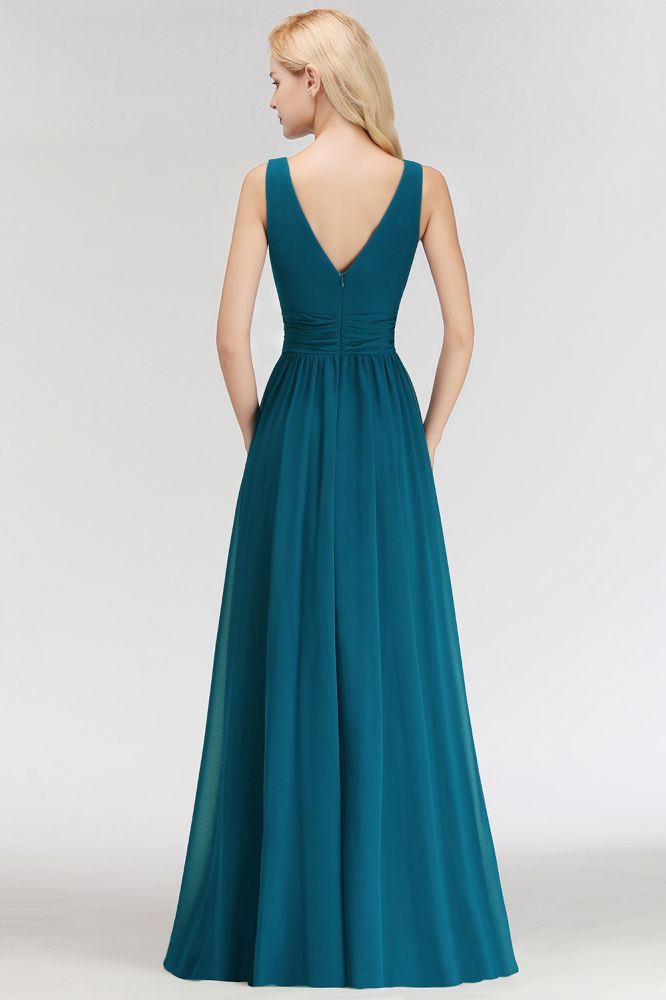 Vestido de dama de honor de gasa con volantes, sin mangas, escote en V y corte en A