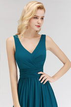 Vestido de dama de honor de gasa con volantes, sin mangas, escote en V y corte en A