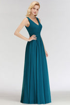 Vestido de dama de honor de gasa con volantes, sin mangas, escote en V y corte en A