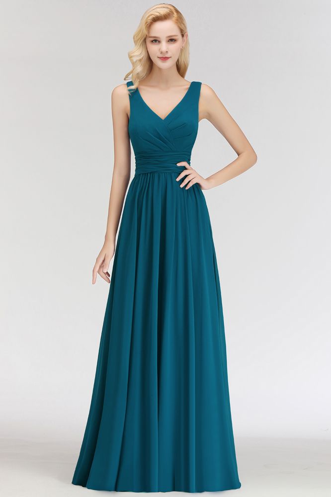 Vestido de dama de honor de gasa con volantes, sin mangas, escote en V y corte en A