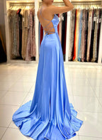 Robe de bal longue simple en satin sans manches à col V et fente, coupe trapèze, col en V et fente