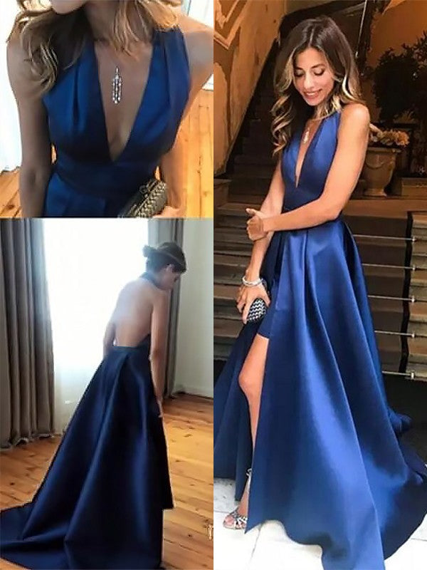Vestidos de graduación de satén sin mangas con escote en V y volantes, corte en A.