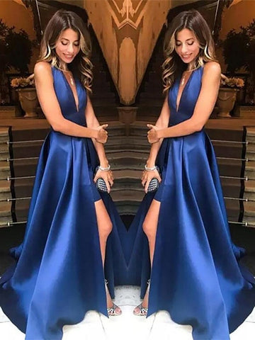 A-Line V-neck Sleeveless With Ruffles Satin Prom Dresses