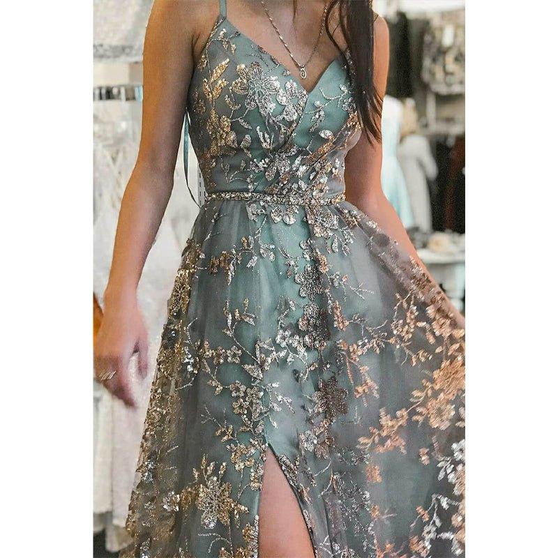 Vestido de fiesta largo de tul con lentejuelas y escote en V en forma de A y abertura