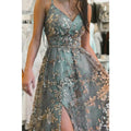 Vestido de fiesta largo de tul con lentejuelas y escote en V en forma de A y abertura