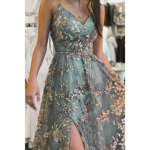 A-line V-neck Spaghetti Sequins Tulle Long Prom Dress with Slit