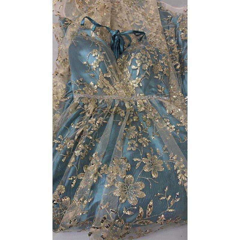 Vestido de fiesta largo de tul con lentejuelas y escote en V en forma de A y abertura