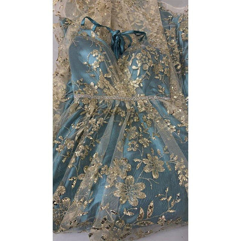 A-line V-neck Spaghetti Sequins Tulle Long Prom Dress with Slit