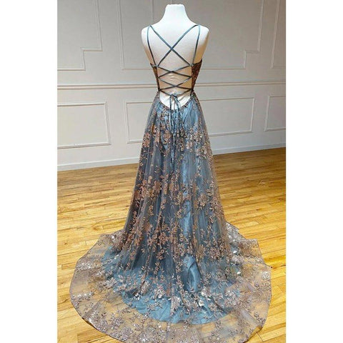 A-line V-neck Spaghetti Sequins Tulle Long Prom Dress with Slit