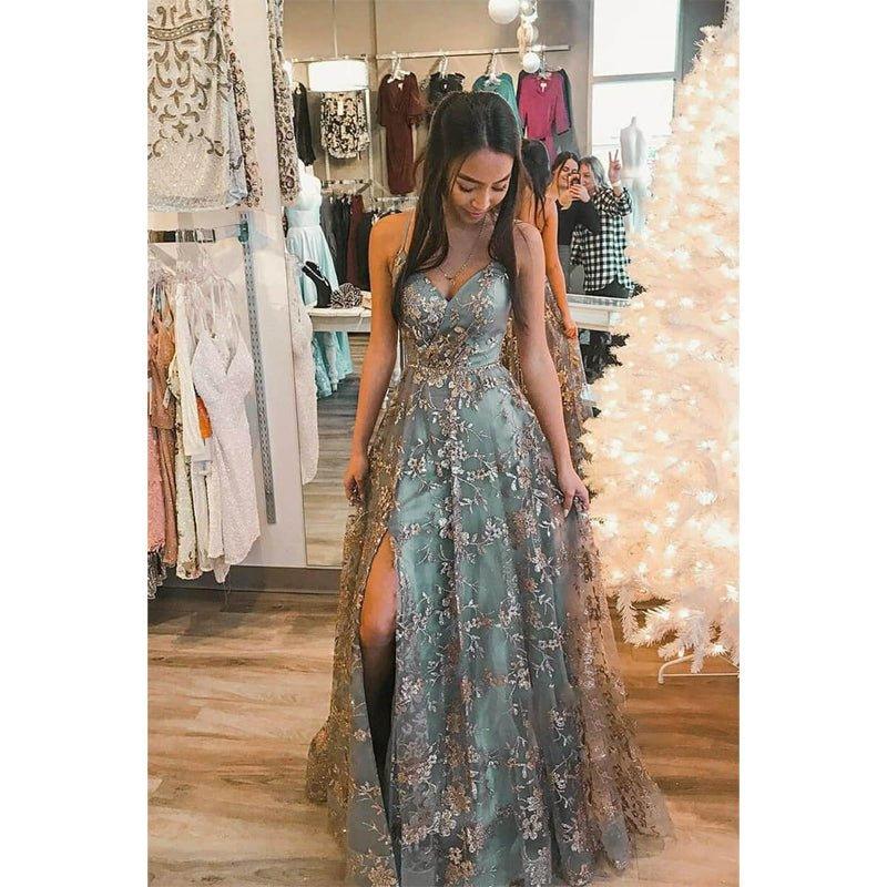 Vestido de fiesta largo de tul con lentejuelas y escote en V en forma de A y abertura