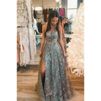 Vestido de fiesta largo de tul con lentejuelas y escote en V en forma de A y abertura