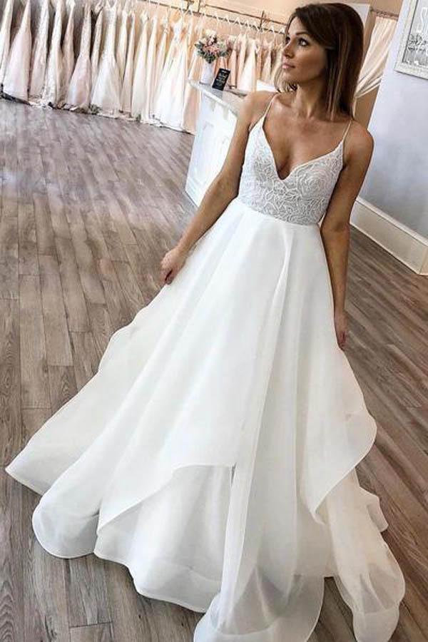 Vestidos de novia de organza con escote en V, corte en A y tirantes finos WD404