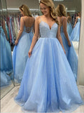 Vestido de fiesta largo de lentejuelas, corte en A, escote en V, tirantes finos y espalda descubierta