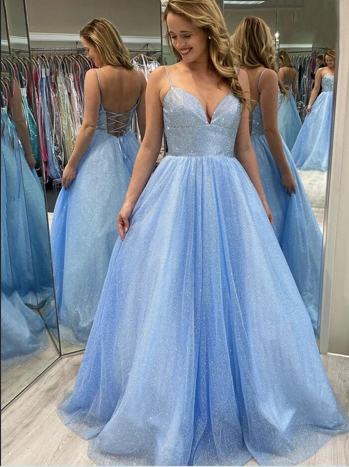 Vestido de fiesta largo de lentejuelas, corte en A, escote en V, tirantes finos y espalda descubierta