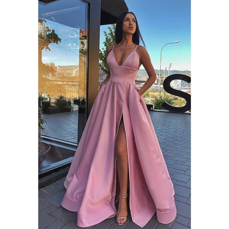 Vestido de fiesta largo con escote en V, tirantes finos, abertura alta y bolsillos