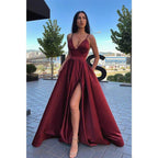 Vestido de fiesta largo con escote en V, tirantes finos, abertura alta y bolsillos