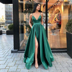 Vestido de fiesta largo con escote en V, tirantes finos, abertura alta y bolsillos