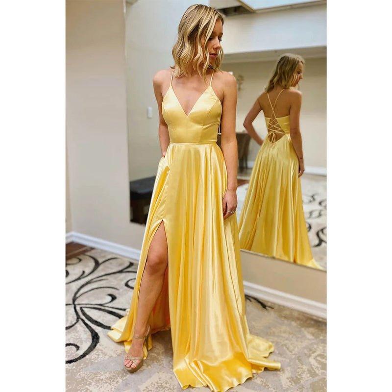Vestido de fiesta largo con escote en V, tirantes finos, abertura alta y bolsillos 