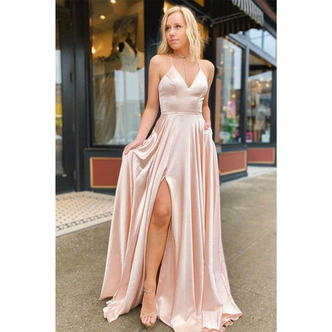 A-line V-neck Spaghetti Straps High Split Long Prom Dress with Pockets