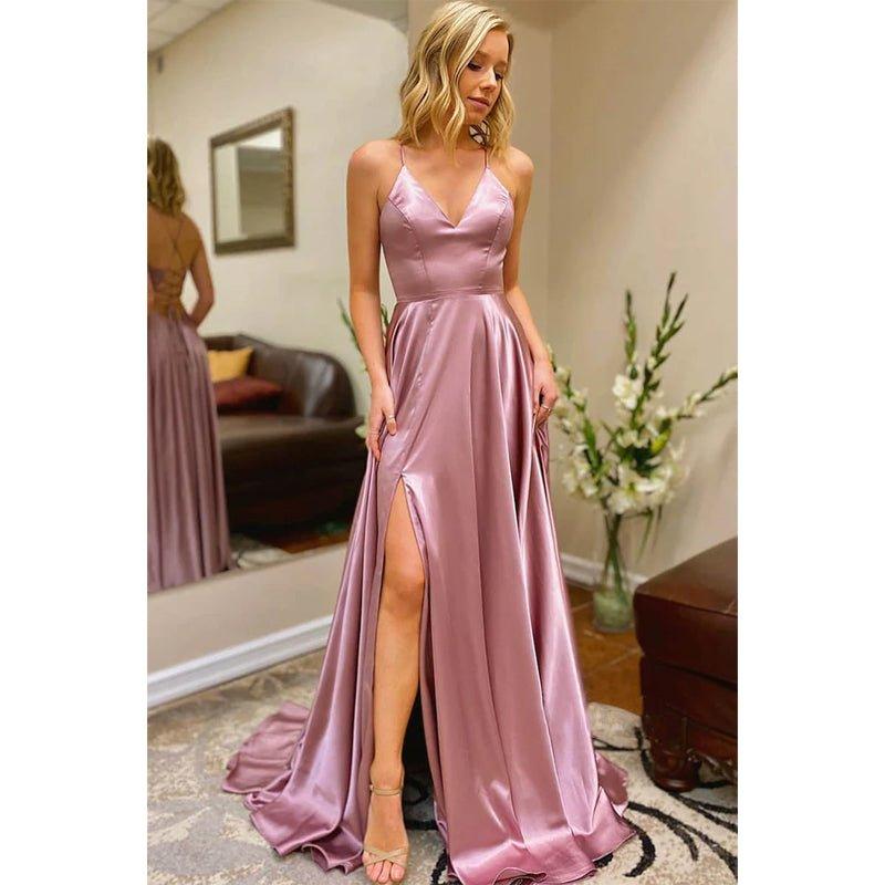 Vestido de fiesta largo con escote en V, tirantes finos, abertura alta y bolsillos 