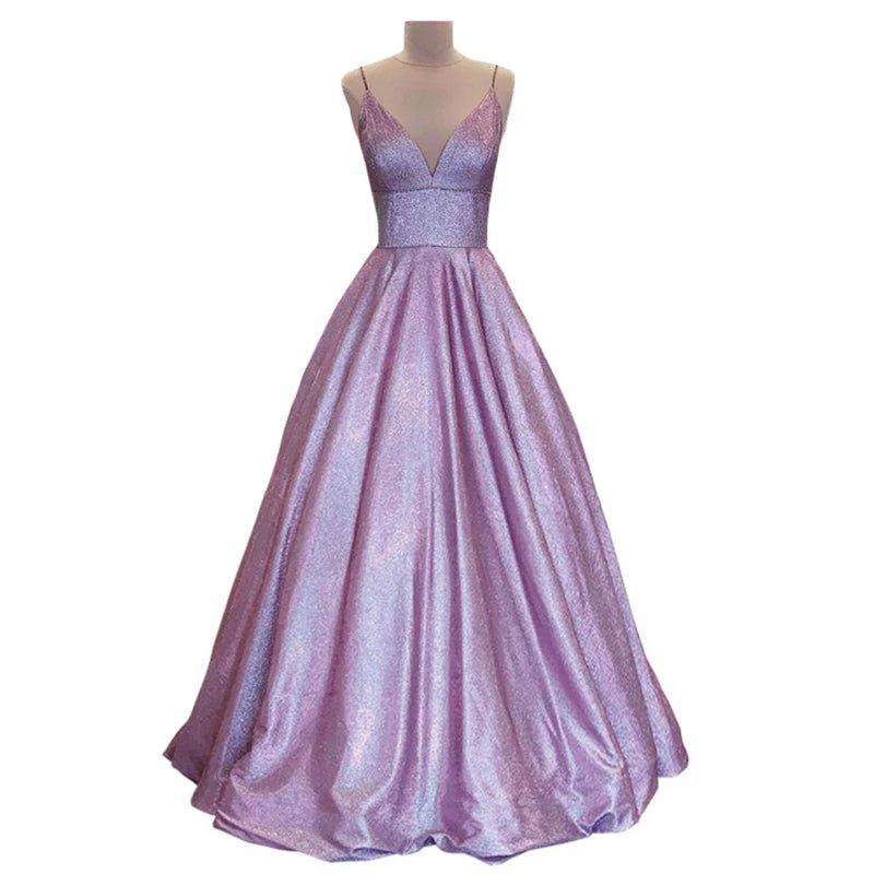 Vestido de fiesta largo con escote en V, tirantes finos y brillo, con bolsillos 