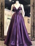 Vestidos largos de satén con escote en V, corte en A y tirantes finos para bailes de graduación o eventos formales de noche.