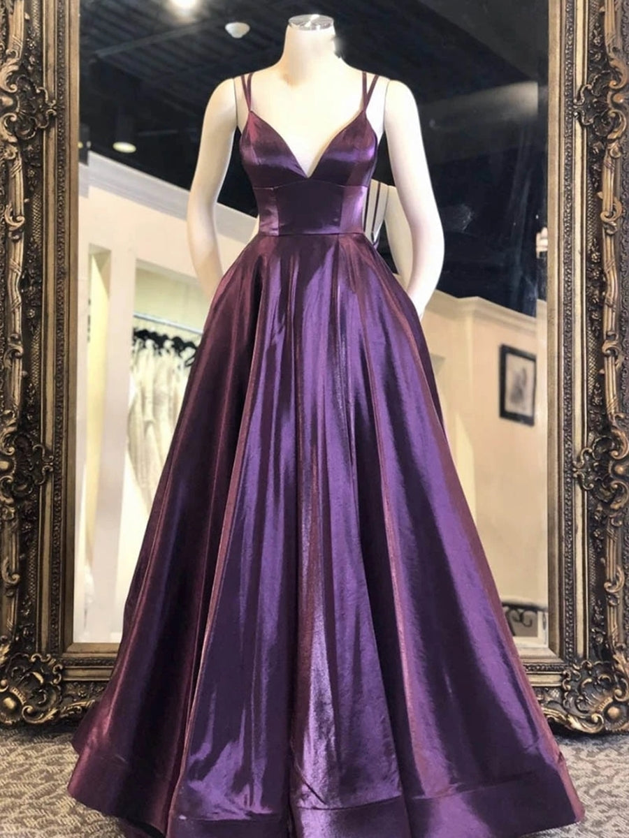 Vestidos largos de satén con escote en V, corte en A y tirantes finos para bailes de graduación o eventos formales de noche.
