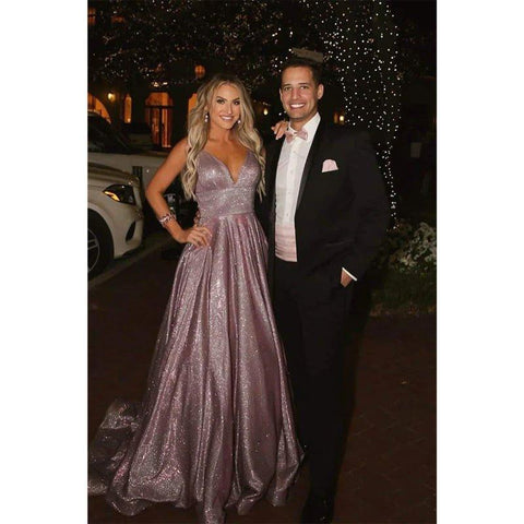 A-line V-neck Spaghetti Straps Sparkle Prom Dress with Pockets