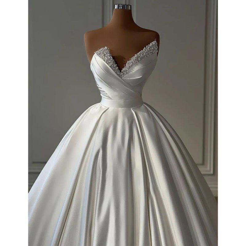 Vestido largo de satén con escote en V, tirantes finos y cuentas para boda, graduación y noche formal 