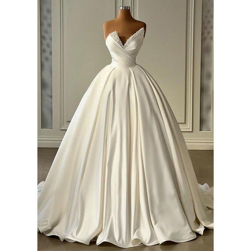 Vestido largo de satén con escote en V, tirantes finos y cuentas para boda, graduación y noche formal 