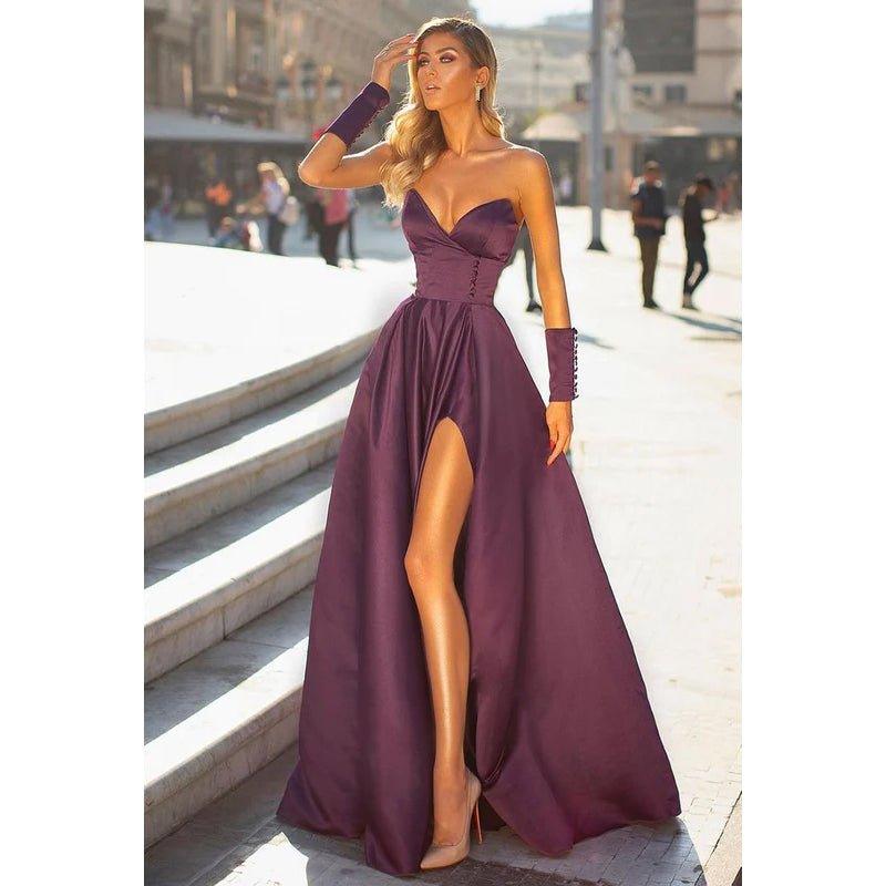Vestido de fiesta de satén sin mangas, escote en V, corte A, sin tirantes y abertura en el muslo
