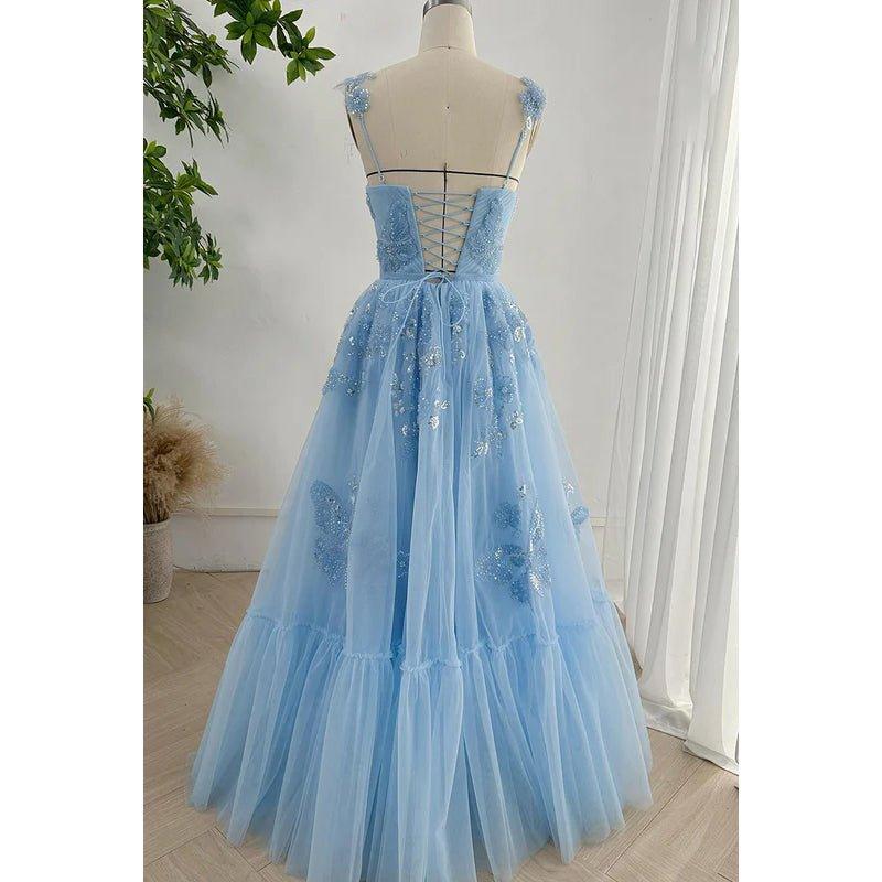 Vestido formal de fiesta de graduación con escote en V, tirantes y apliques de tul