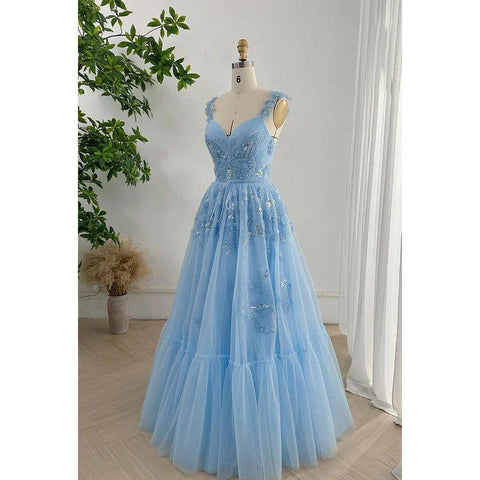 A-Line V-Neck Straps Appilique Tulle Formal Party Prom Dress