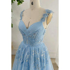 Vestido formal de fiesta de graduación con escote en V, tirantes y apliques de tul