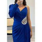 Vestido de noche largo de satén con escote en V, tirantes y cuentas, mangas largas 