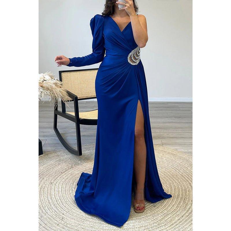 Vestido de noche largo de satén con escote en V, tirantes y cuentas, mangas largas 