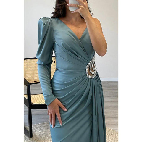 A-line V-neck Straps Beaded Long Sleeves Satin Long Prom Dress Evening Gown