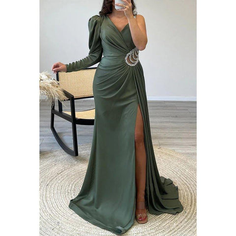 A-line V-neck Straps Beaded Long Sleeves Satin Long Prom Dress Evening Gown