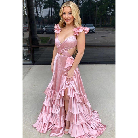 A-line V-neck Straps Pink Long Prom Dress with Split Evening Gowns