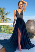 Vestido de fiesta de graduación de corte A, escote en V, cola de barrido, de paja y spandex con abertura PG658