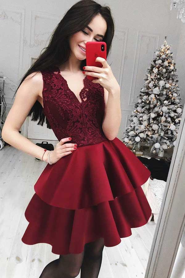 Vestido de fiesta/regreso a casa de corte A, escote en V, volantes, color burdeos oscuro con encaje PD032