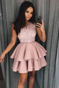 Vestido de fiesta de bienvenida con escote en V, corte en A, falda escalonada de satén con apliques PD077